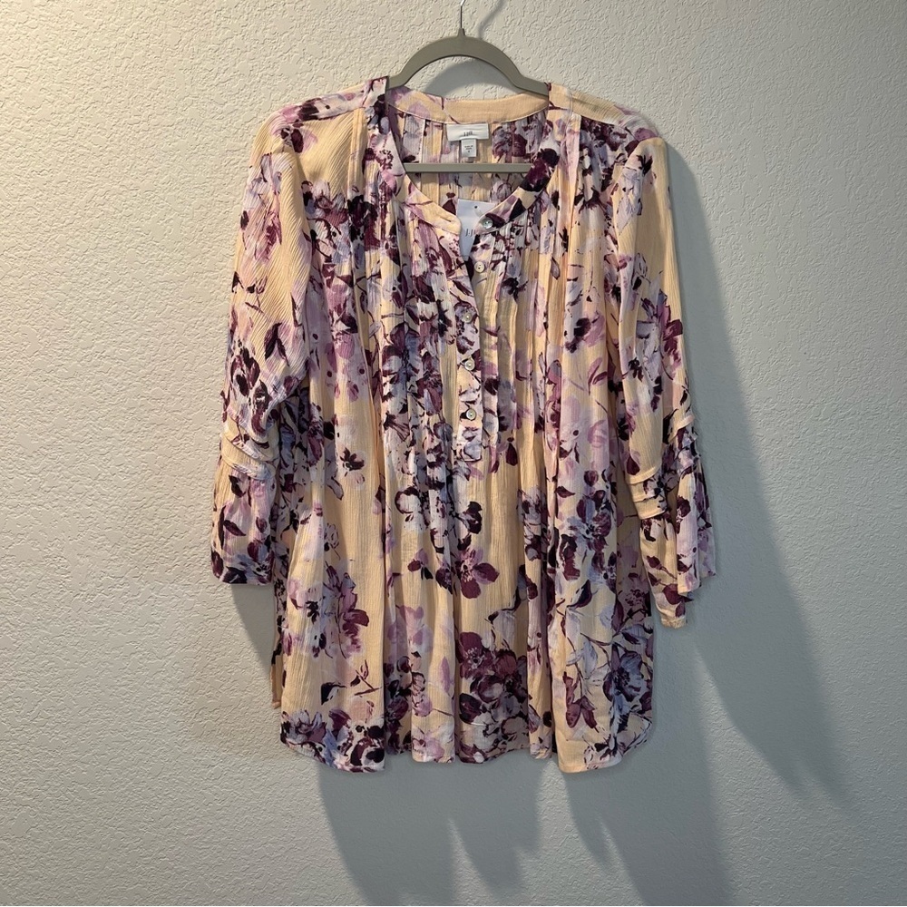 Women’s new J. Jill purple floral belle sleeve blouse size small S